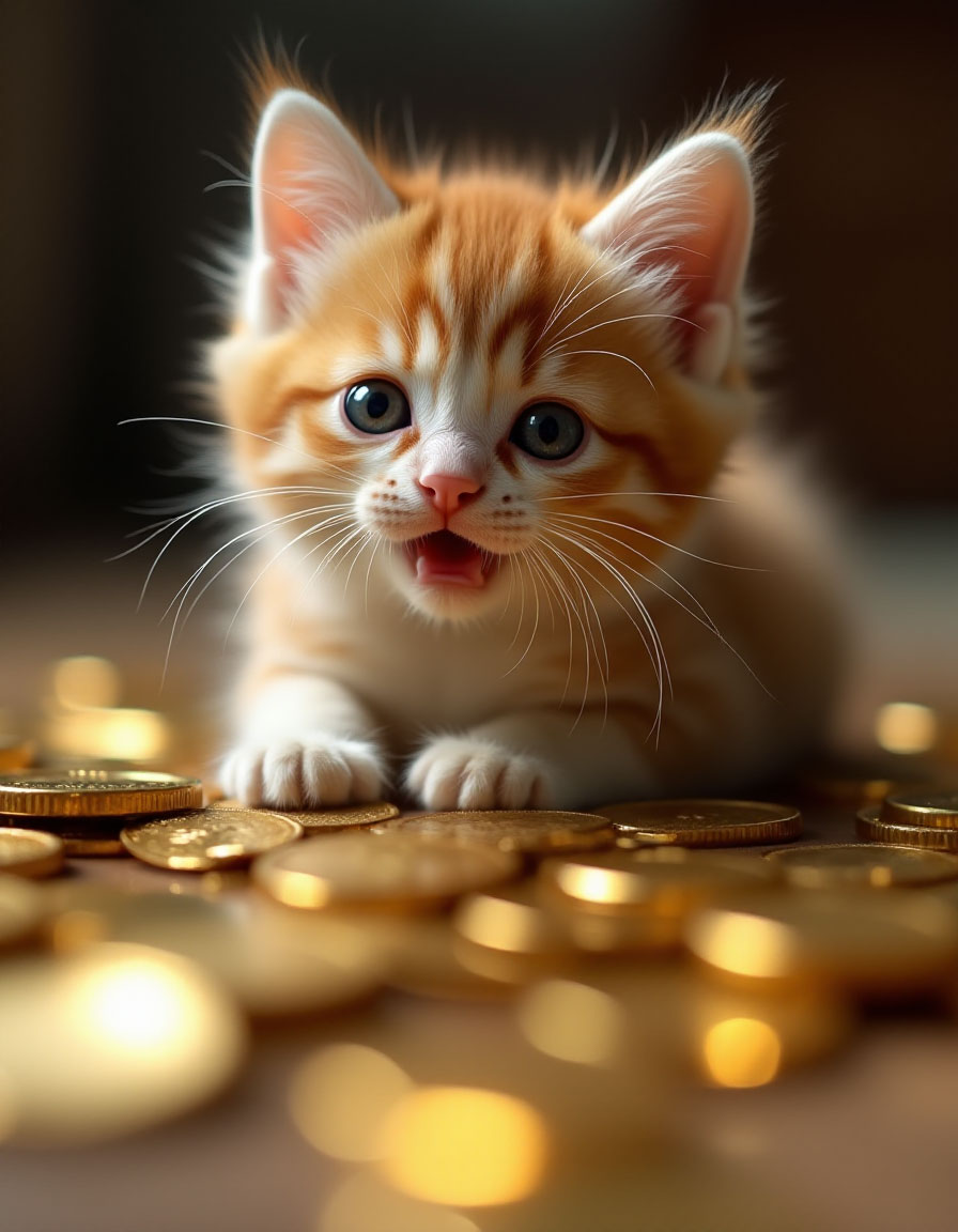 一只小猫拿着很多金币